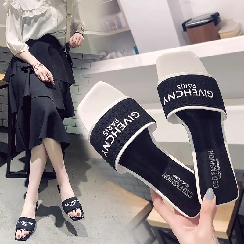 Korean Style Fashionable Letter Flat Slippers 2023 Simple Style Outdoor Fashion Casual Beach Sandals for Women