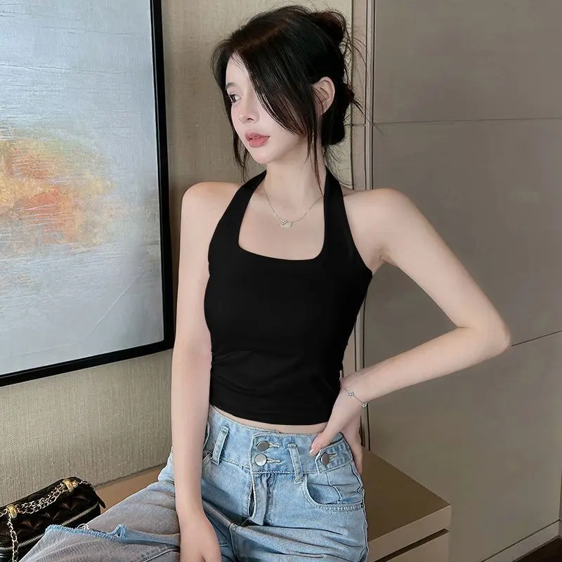Black Cotton Halter Spaghetti Straps Vest Women's Inner Wear Summer Outer Wear Beauty Back Short Tube Top Unique Chic Small Top