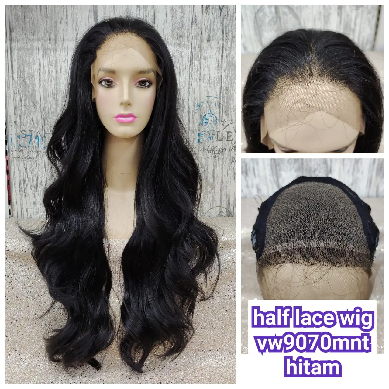 half Lace wig rambut palsu wanita dewasa panjang 70cm wave 9070mnt hitam