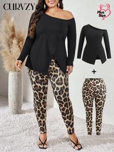 CURVZY Plus Size Two-Piece Set Plain Asymmetrical Neck Tee & Leopard Print Skinny Pants, Casual Long Sleeve Wrap Asymmetrical Hem Top & Leggings for Daily Wear, Women's Two-piece Outfits for Fall