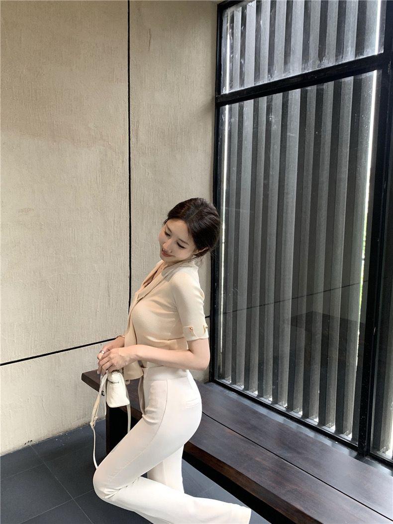 Product Introduction of CQ-Korean Style Ribbon  Short-Sleeved Knitted T-shirt Women's Summer Waist Elegant Slightly Mature Style Chic Blue Top SS24 [1470] 21