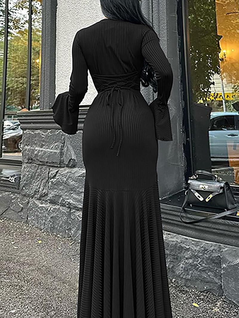 Product Introduction of Women's Plain Lace Up Flounce Sleeve Dress, Casual Round Neck Long Sleeve Maxi Dress for Spring & Fall, Women's Clothing for Daily Wear, Long Sleeve Dresses 6