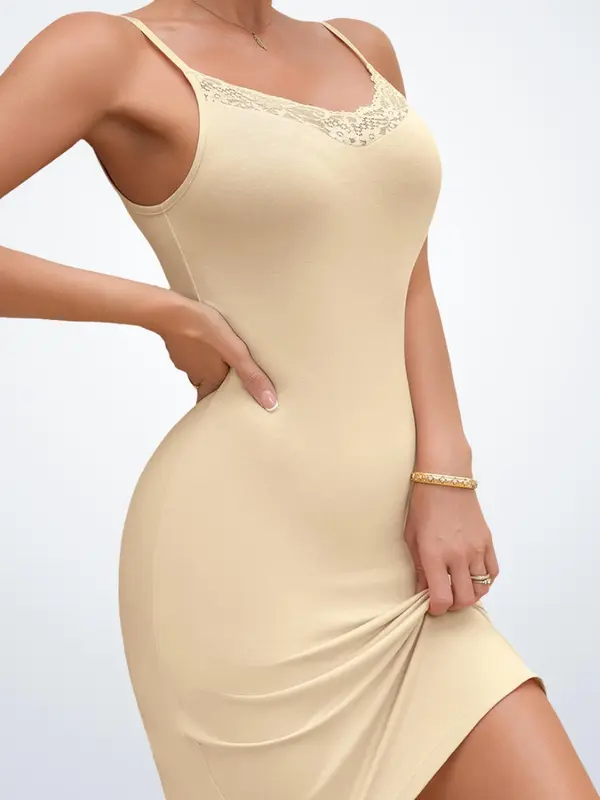 One-piece solid-color lace nightgown for ladies, a tight, sexy, body - shaping and hip - wrapping nightdress with adjustable suspenders 3