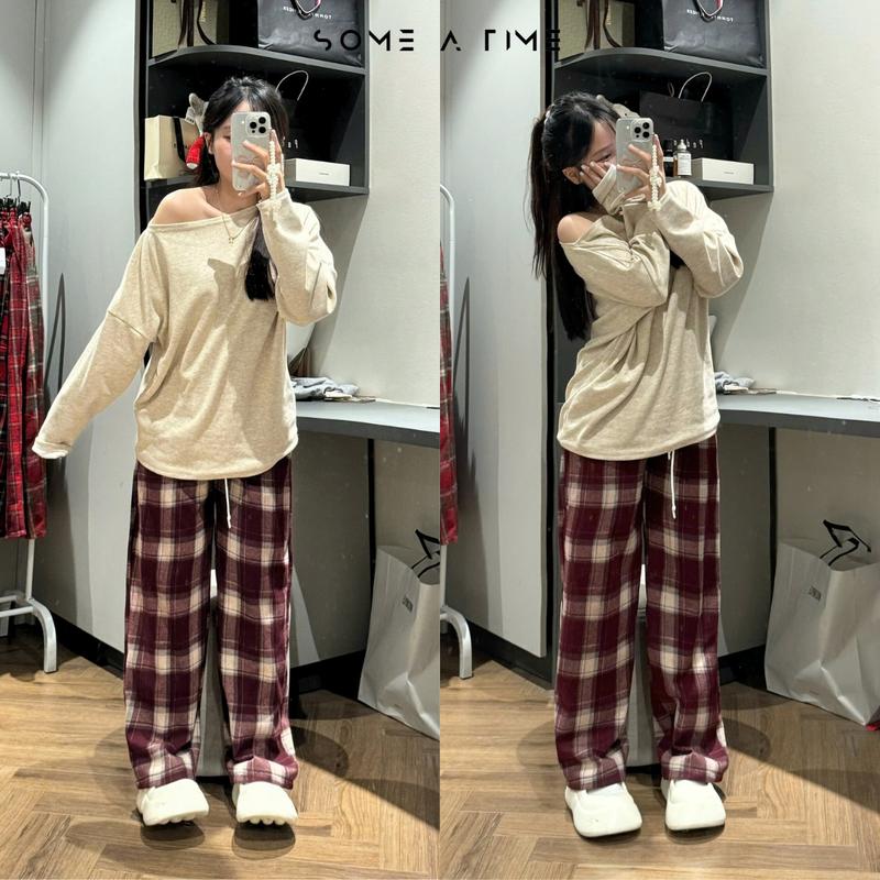 Product Introduction of Quần Kẻ Caro Đỏ Chất Dạ Noel Suông Rộng Nữ Và Nam Dày Màu Đen Và Đỏ Chun Co Giãn, Giải Rút Cao Su Pants 1