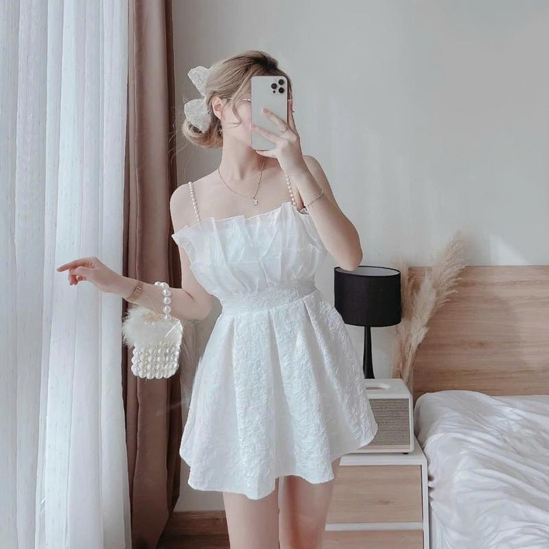 Product Introduction of [Mới] Đầm Gấm Xòe 2 Dây Phối Voan Tơ Thanh Lịch 7