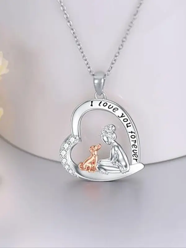 925 Sterling Silver Cute Dog & Girl Design Heart Shaped Pendant Necklace, Fashion Rhinestone Decor Jewelry for Party, Daily Decor, Trendy All-match & Exquisite Jewelry for Birthday Gift 2