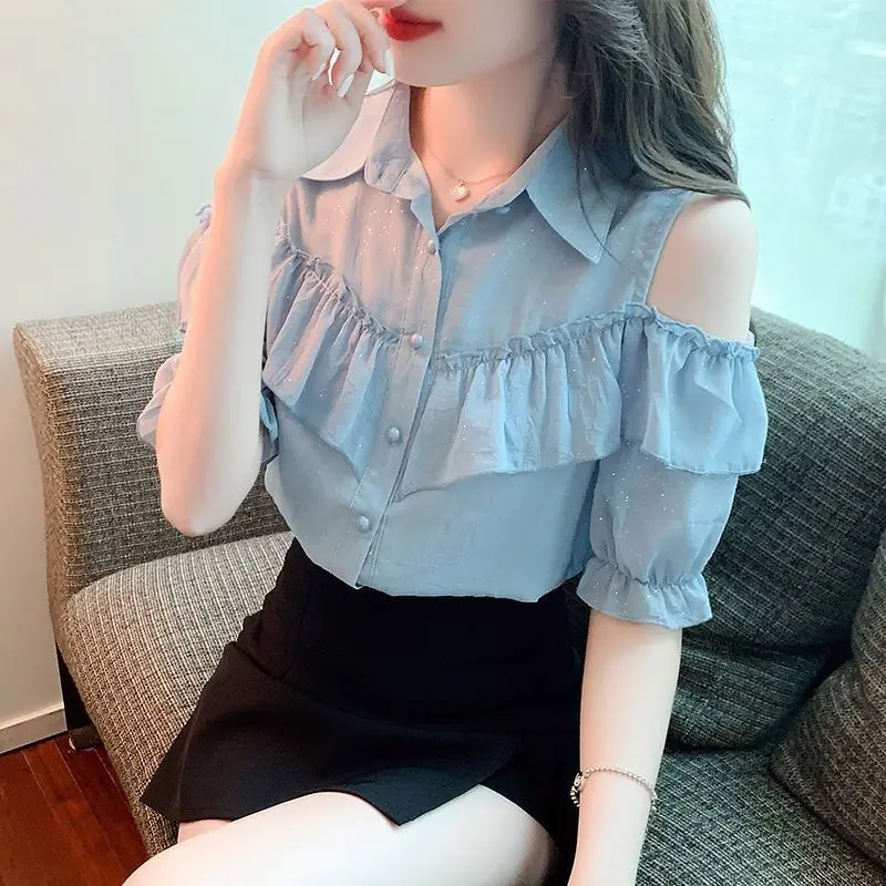 Áo Voan, Thời Trang, Phong Cách Thanh Lịch, Trễ Vai, Trang Phục Mùa Hè Của Phụ Nữ, Hàng Mới Về 2024, Thiết Kế Selvedge Dây ngắn Tay Áo, Áo Phong Cách Phương Tây, Cỡ Nhỏ 2