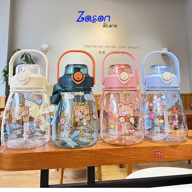 Bình Nước Cute BN04 Dung Tích 1300ml Có Dây Đeo, Bình Đựng Nước Dễ Thương Kèm Dán Sticker Cực Xinh, Bình Nước Đi Học Cho Bé Có Ống Hút Tiện Lợi - Zason