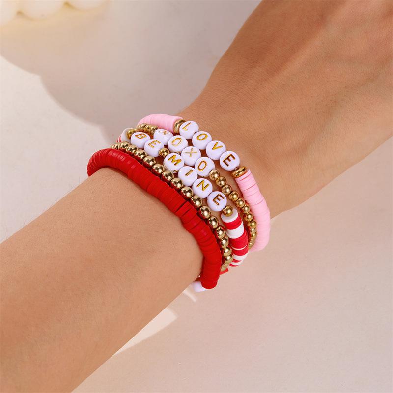 Product Introduction of Europe and America Cross Border Valentine's Day Bracelet Multi-Layer Twin Pink Love Pendant Bracelet Polymer Clay Beaded Stretch Bracelet 6