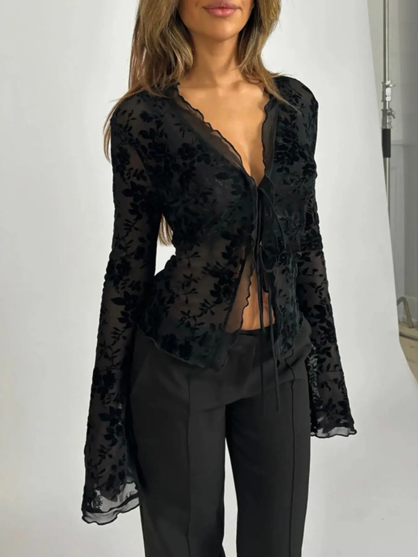Women's Floral Print Long Sleeve Tie Front Blouse, Elegant Top for Spring & Fall, Ladies Clothes for Daily Wear