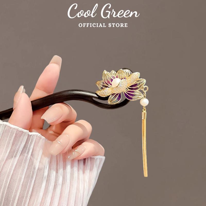 [Tặng Kèm Hộp Đựng] Trâm Cài Tóc Bằng Gỗ Đàn Hương Đen Tự Nhiên Đính Hoa Sen Bạc Hàng Cao Cấp Vip01