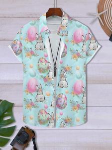 Men's Cartoon Rabbit Print Short Sleeve Shirt, Regular Fit Casual Soft Comfy Button Top for Summer, Men's Clothes for Daily Wear