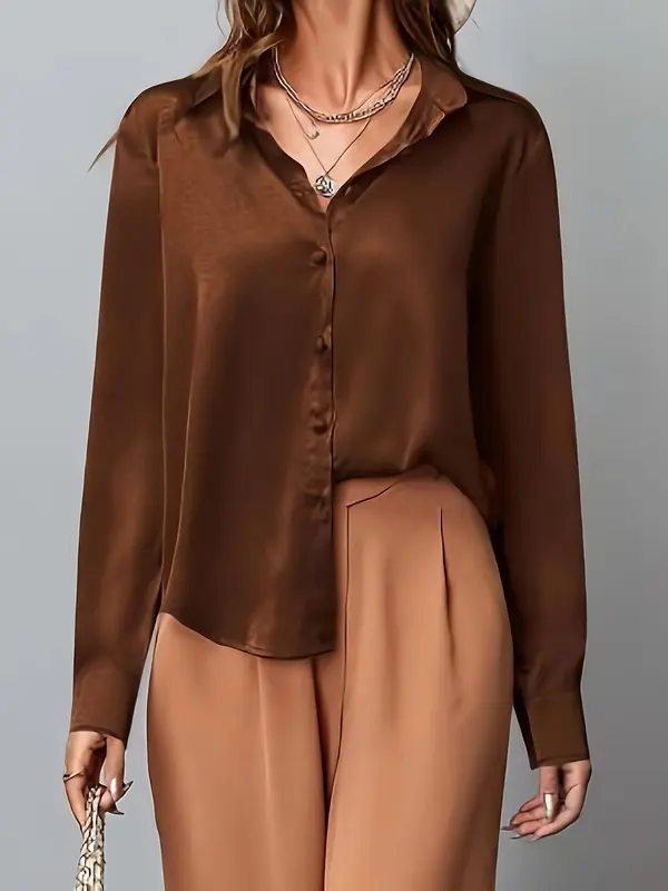 Women's Solid Color Shirt, Elegant Long Sleeve Collared Top for Work Office Business, Ladies Clothes for All Seasons, Womenswear 0
