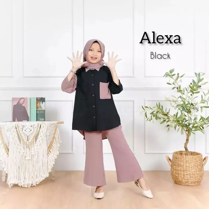 FASHION SET KIDS | Setelan Anak Perempuan Terbaru | Kaos Anak | Baju Anak Kekinian Usia 7-8-9-10-11-12-13-14-15 Tahun Celana Crinkle Airflow Atasan Muslim Panjang Tanggung 1