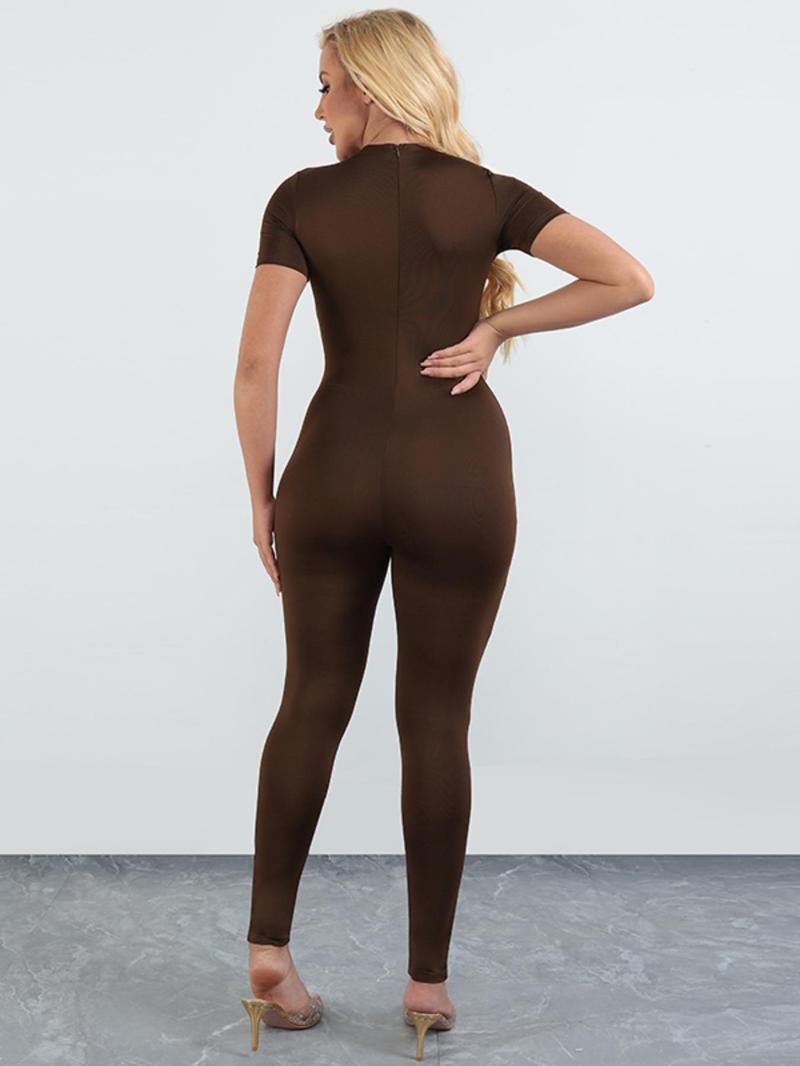 Product Introduction of Women's Solid Mock Neck Zipper Jumpsuit, Casual Basic Minimalist Short Sleeve Skinny Jumpsuit for Summer, Ladies Clothes for Daily Wear 13