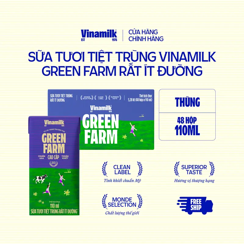 2 Thùng Sữa Tươi Tiệt Trùng Vinamilk Green Farm rất ít đường 110ml 48 hộp/thùng 1