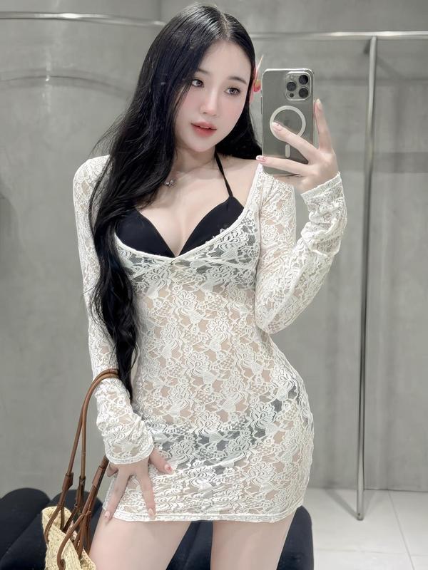 MS955 Set Đồ đi biển 3 món hai mảnh tam giác đen kèm áo lưới ren trắng tay dàI