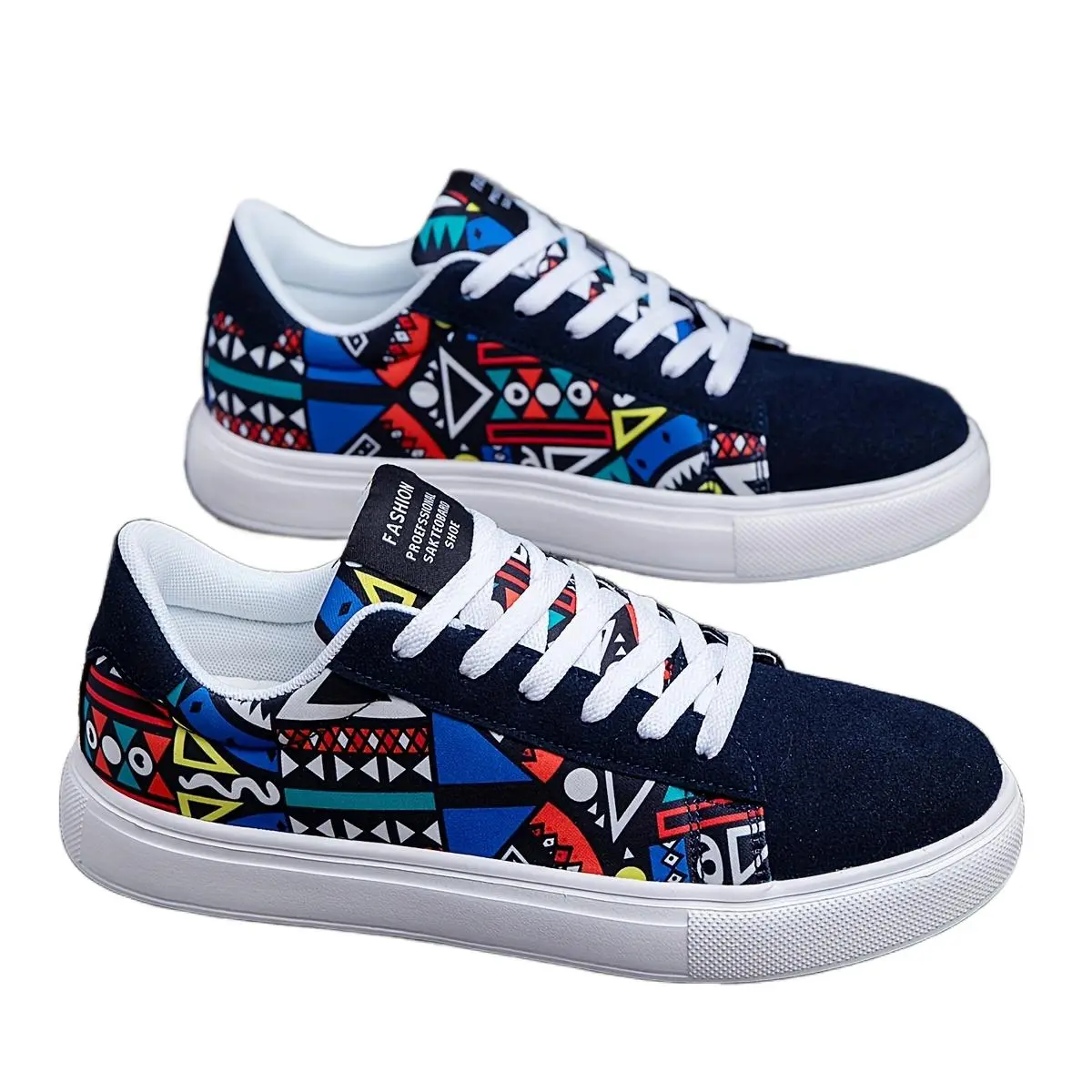 Men's Fashion Color-Block Full Letter Random Graffiti Canvas Front Lace-Up Casual Men's Skate Shoes