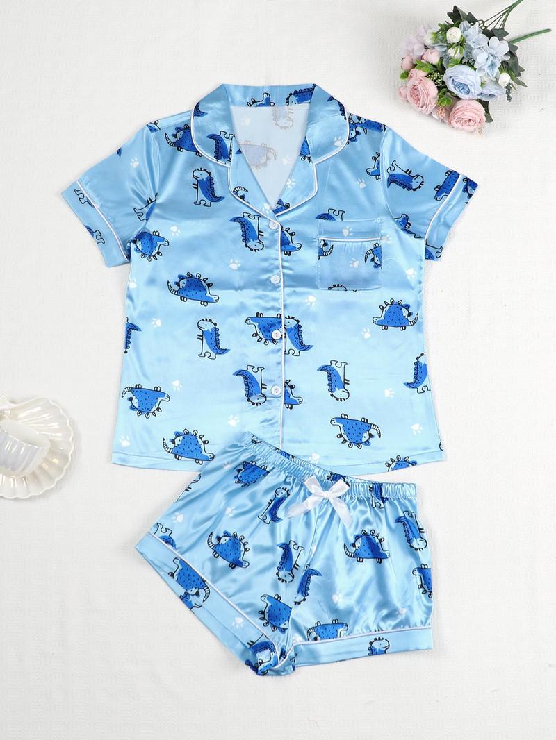 Product Introduction of Two-piece Set Women's Cartoon Dinosaur Print Top & Shorts Satin Pyjama Set, Cute Comfy Pocket Short Sleeve Top & Shorts Pj Set, Ladies Summer Sleepwear, Pajamas 1