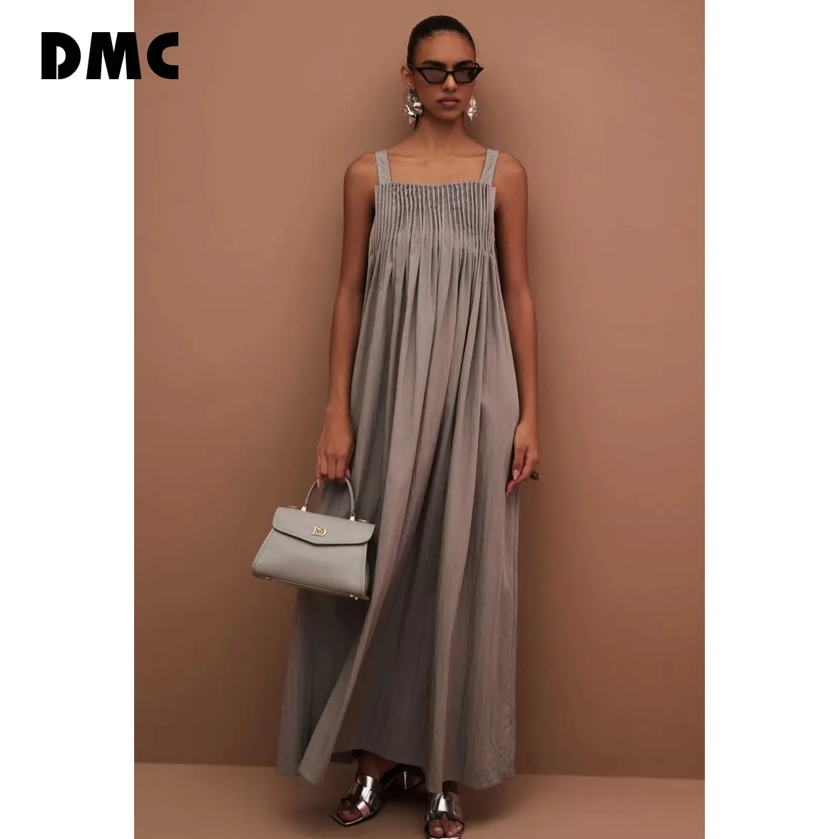 Đầm xám hai dây dáng dài xếp ly ngực DMC (Grey Raw Sleeveless Dress)