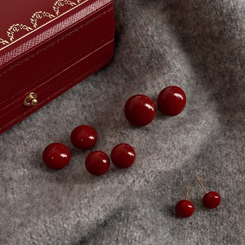Product Introduction of Ankela Red Steamed Bread Pearl Stud Earrings for Women Light Luxury Minority Simple All-Matching Graceful Bread Bead Beanie Earrings Earrings 25
