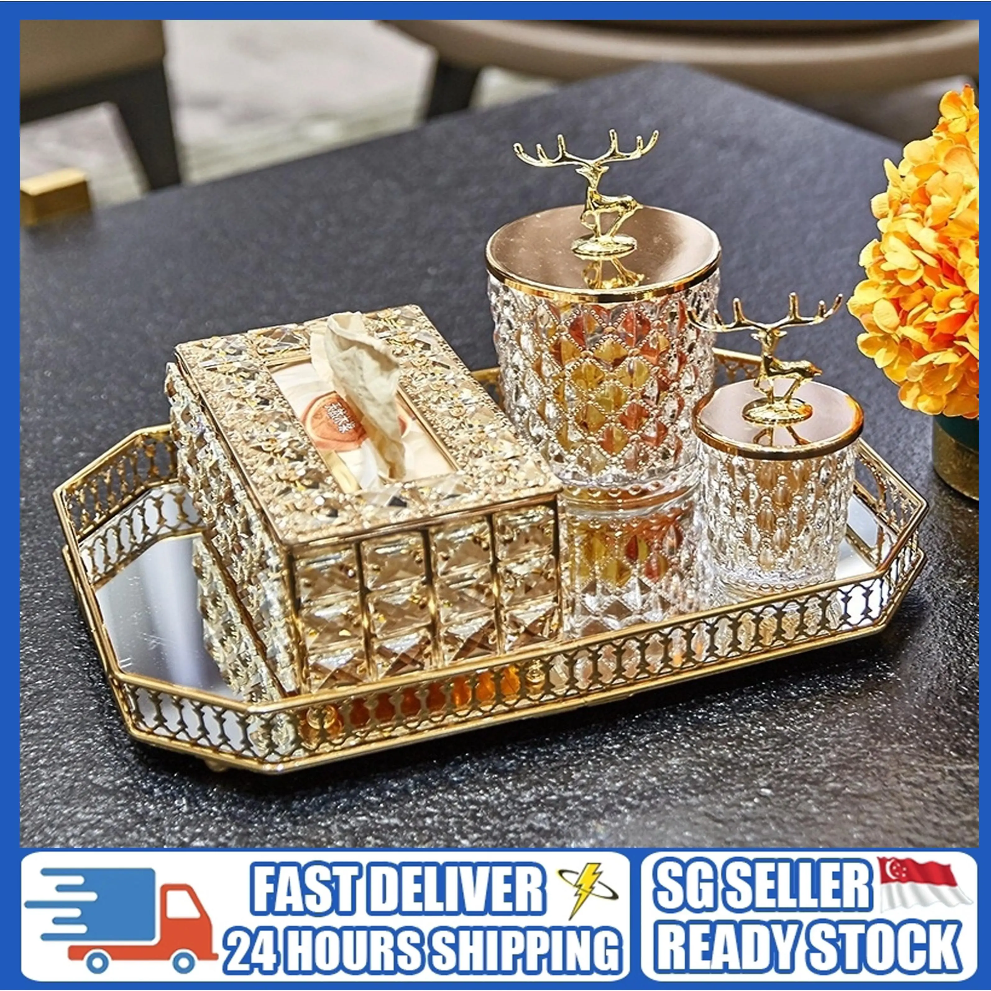 🚚SG Seller🚚Europe style Luxury crystal tissue box  Paper Towel  Crystal Storage Box Living Room Tissuer Home Supplies,Light luxury tissue box/paper box, European crystal glass tissue storage rack metal tissue box