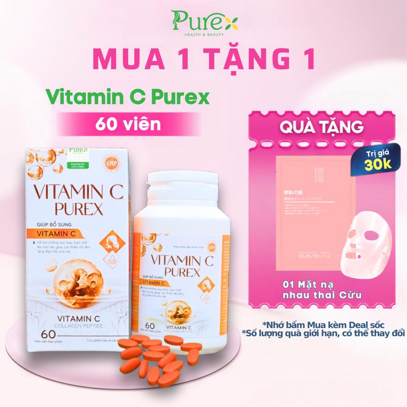 Viên uống bổ sung Vitamin C Purex hộp 60 viên hỗ trợ Đẹp Da Sáng Da Mờ Thâm có thêm Collagen, Sâm Tố Nữ [TẶNG 1 MẶT NẠ NHAU THAI CỪU] cystine  plus