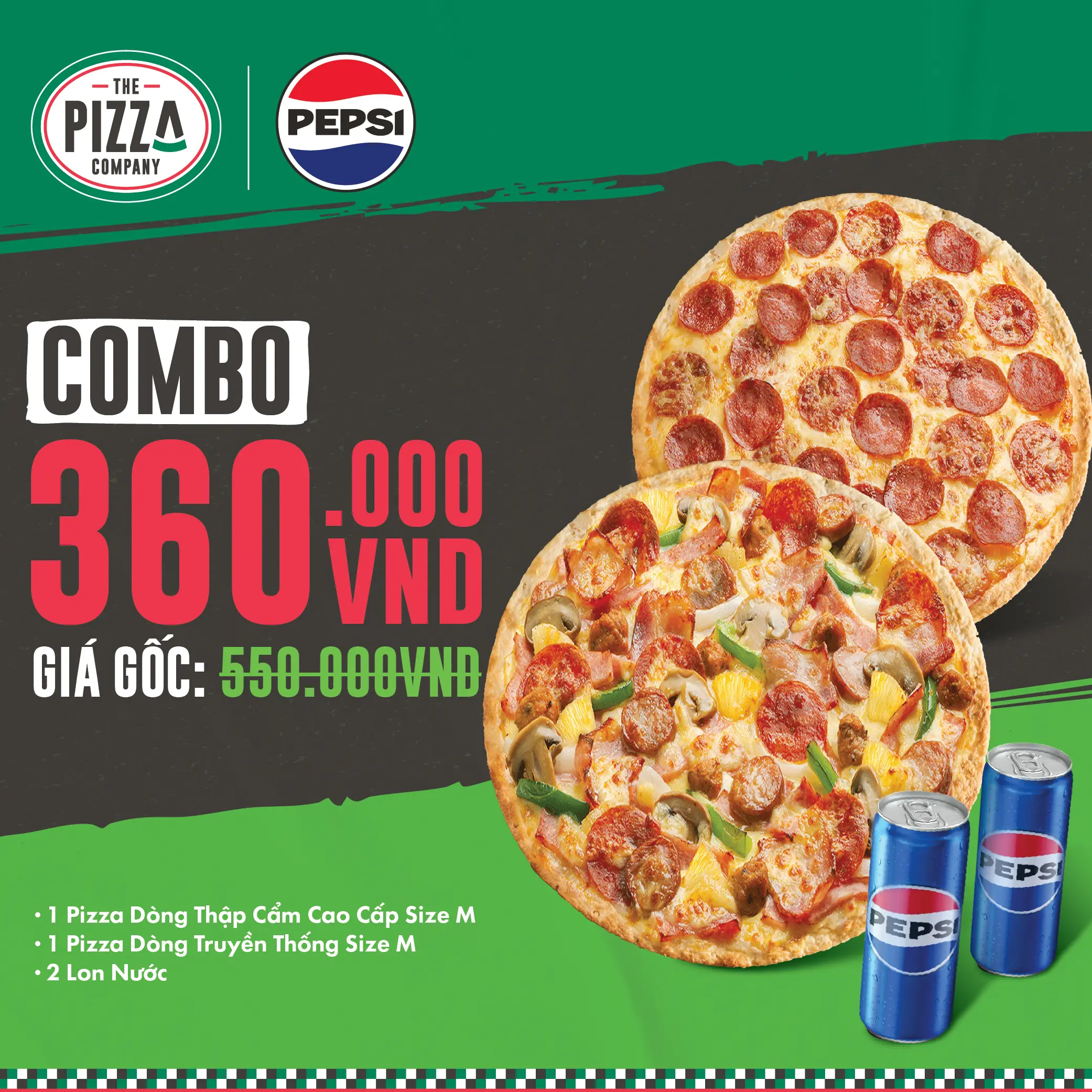 Combo 2 Pizza M - Thập Cẩm & Truyền Thống (3-4 người) +2 Lon Pepsi - The Pizza Company - (Giao nhanh 1H)