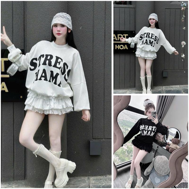 Sét bộ Áo Nỉ In Chữ Form Rộng Kèm chân váy tầng phối Ren Xinh Xắn Nữ Women Top