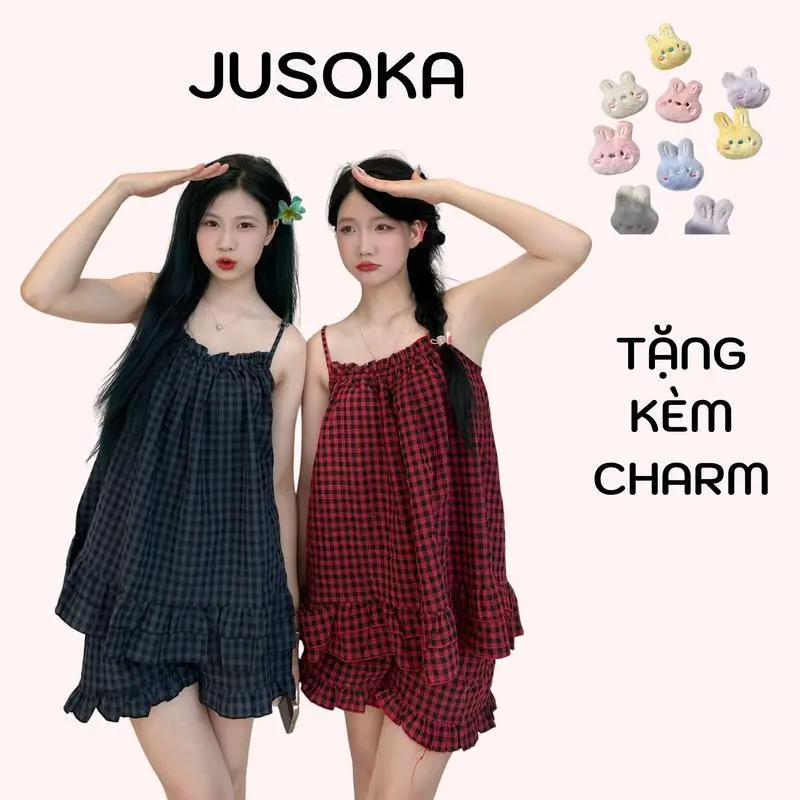 (KÈM CHARM) Bộ đồ ngủ 2 dây JUSOKA kiểu nữ chất xốp cotton hoạt tiết kẻ ô vuông form rộng mặc nhà bốn mùa nhiều màu BN01 Women