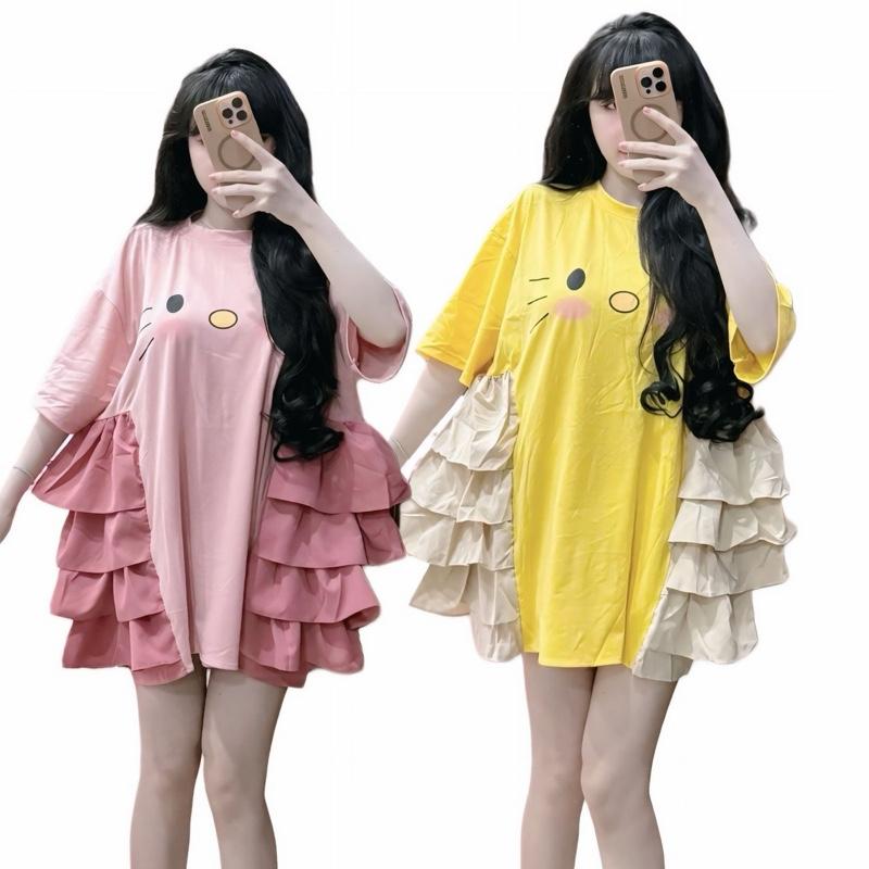 TBB Đầm Babydoll Thun Cotton In Hình Mèo Dễ Thương. Đầm Mặc Thường Ngày. 0