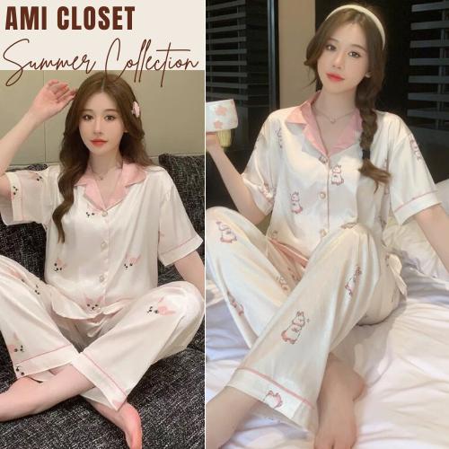Bộ đồ ngủ nữ lụa xước cao cấp, bộ pyjama cộc tay quần dài họa tiết dễ thương hàng Quảng Châu Pijama Women Nhung