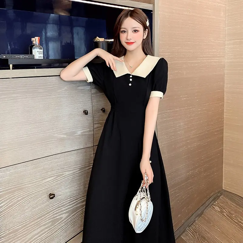 Korean style retro first love Hepburn wind put away waist little black dress, summer cinching temperament elegant doll collar dress, casual and fashionable