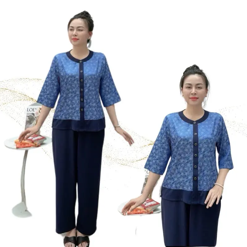 Y44 Bộ Trung Niên Lụa Gấm 2 Da Cao Cấp Thiết Kế Nút Cài Thật  , Phối Màu Hài Hòa, Thoải Mái Diện Ở Nhà Hay Đi Chơi Sang Trọng, Cao Cấp Nữ