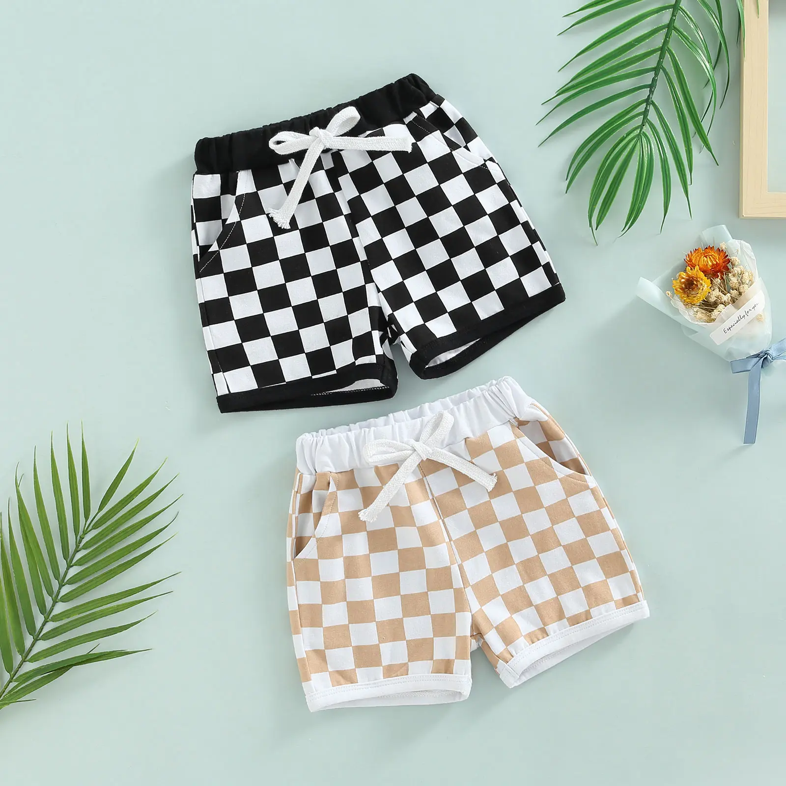 Baby Boys Shorts with Checkerboard Print, Elastic Waist Drawstring Casual Pocket Decoration Clothing