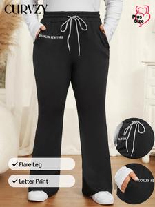 CURVZY Plus Size Letter Print Drawstring Flare Leg Pants, Casual Pocket Bell Bottom Trousers for Daily Wear, Women's Bottoms for All Seasons