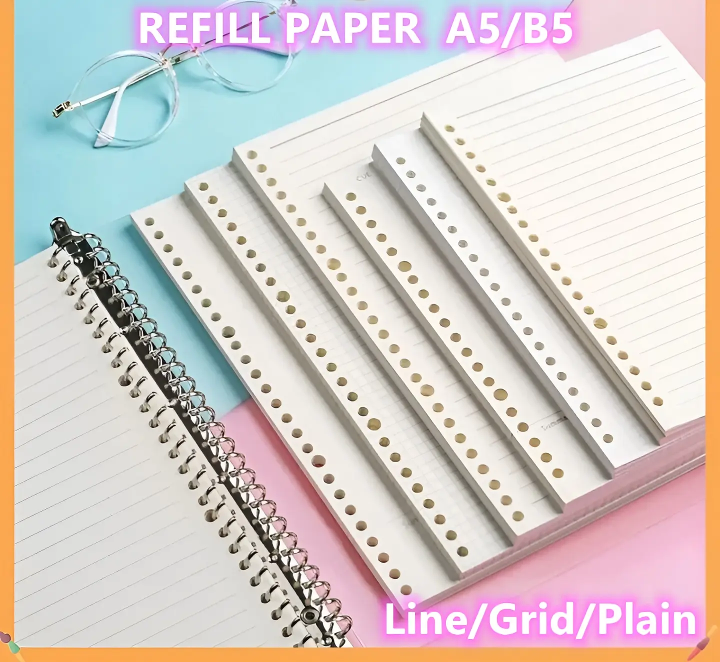 MEMORY Loose Leaf  Binder Refill Paper, line, Blank,  Grid,  Refill Pages 60Sheets for A5/B5 (20/26holes)