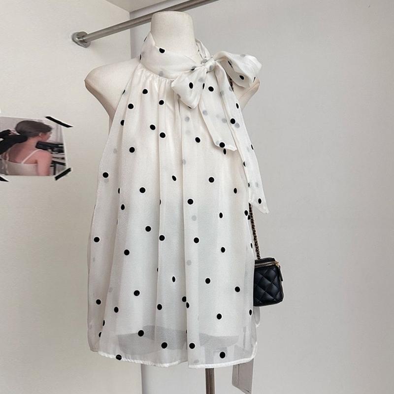 Kemeja Tanpa Lengan Motif Polkadot Sederhana dengan Tali Pengikat, Atasan Wanita Musim Panas dengan Leher Gantung