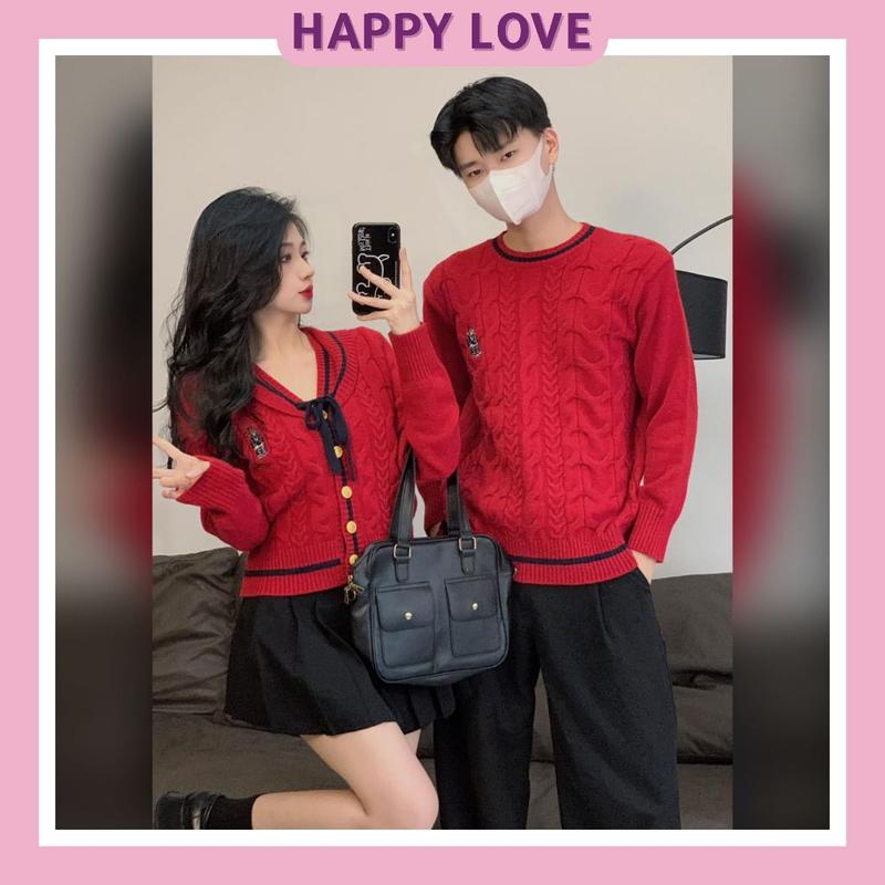 Đồ đôi nam nữ set couple áo len màu đỏ HAPPYLOVE dày đẹp thời trang thu đông cho cặp đôi H159