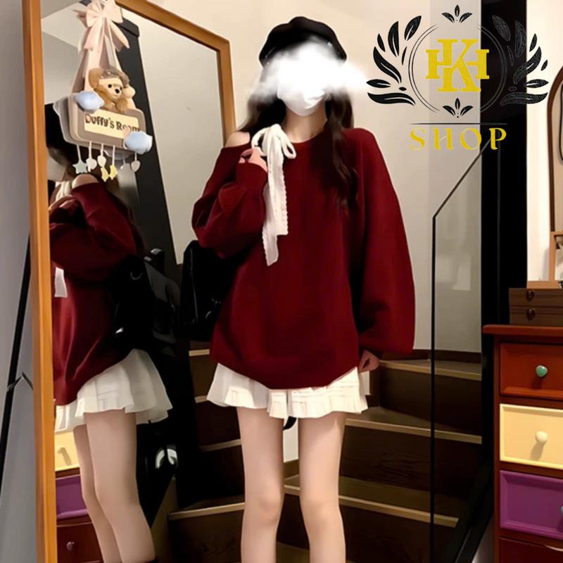 Set Váy Nữ Set Đồ Nữ Áo Khoét Vai From Rộng Kèm Chân Váy Xếp Ly Có Quần Bảo Hộ Chất Vải Nỉ Len Ấm