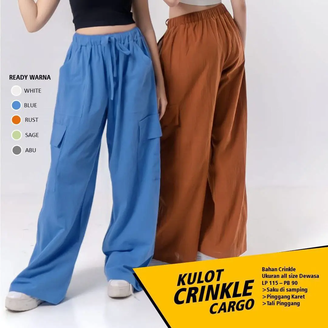 Kulot Crinkle Cargo Perempuan Terbaru 2024 Celana Wanita Kekinian Bawahan Cewek Crinkle Biru Polos Fit Lembut