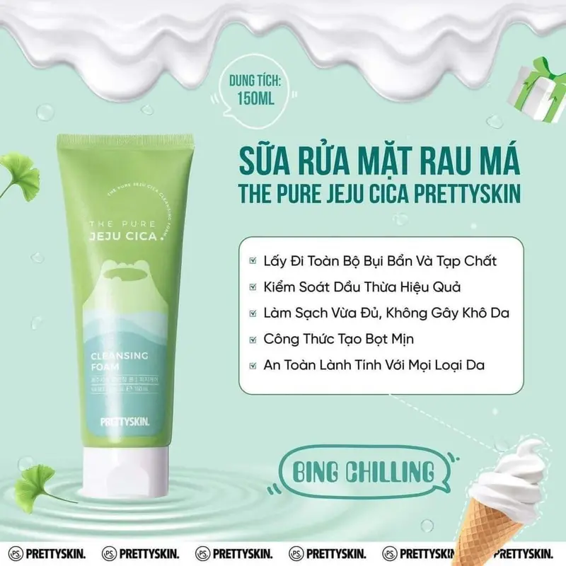 Sữa Rửa Mặt Rau Má JEJU CICA CLEANSING FOAM Pretty:skin 3