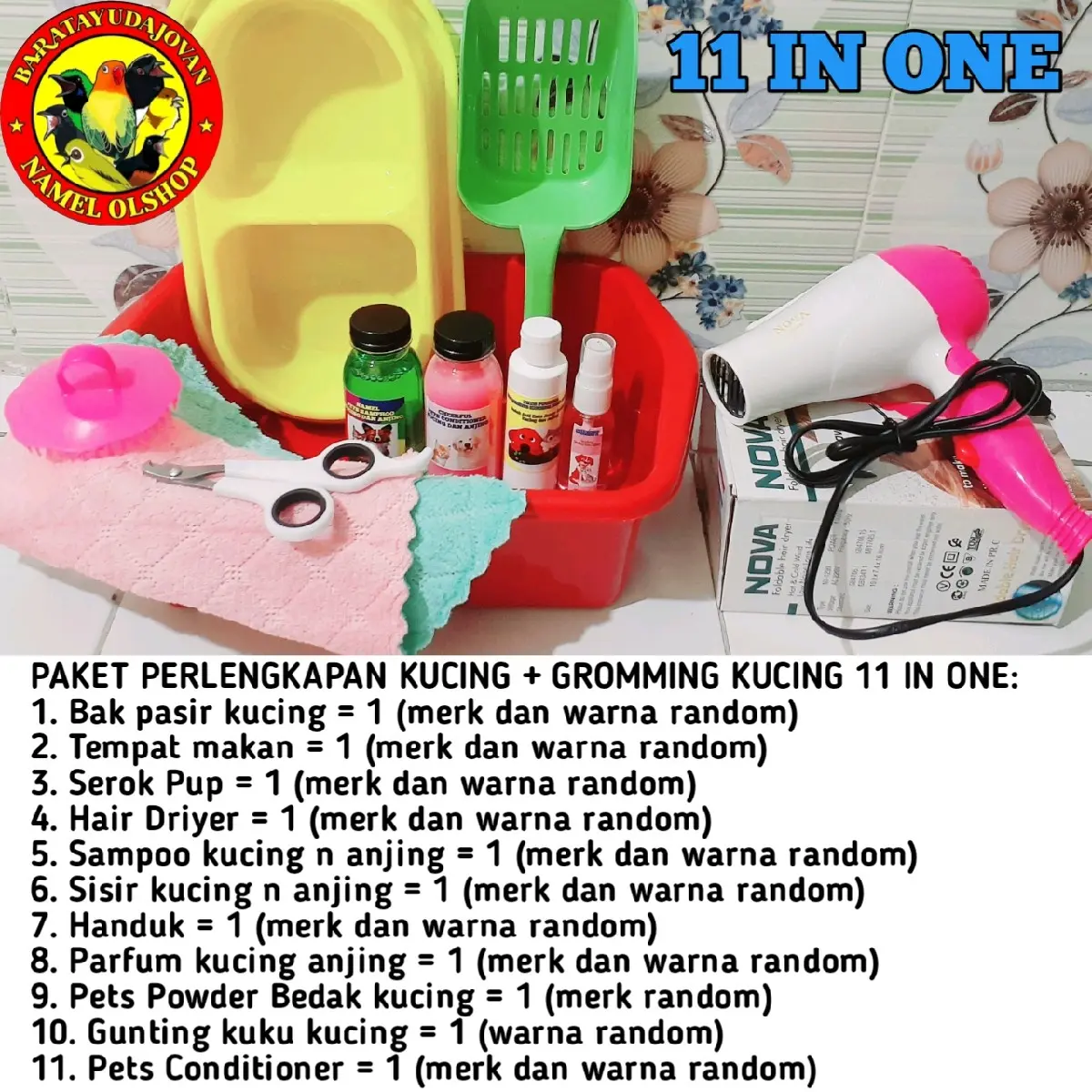 PAKET PERLENGKAPAN KUCING DAN GROMMING KUCING MELIPUTI BAK PASIR, TEMPAT MAKAN DOUBLE, SEROK PUP, HAIR DRIYER, SAMPHOO KUCING N ANJING, SISIR, HANDUK, PARFUM, BEDAK KUCING, CONDITIONER