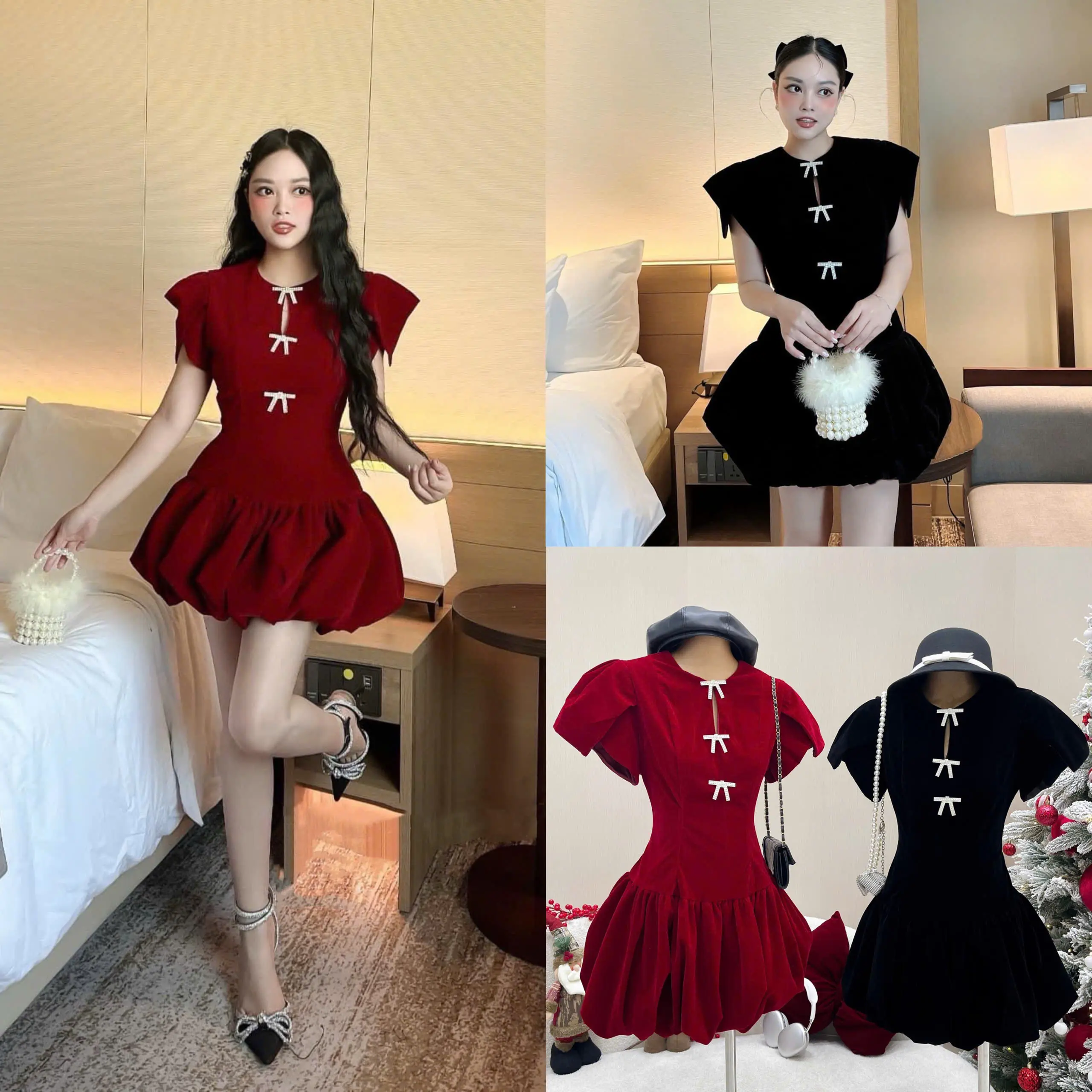 Đầm nhung đính nơ đá ngực mix cv bí 2 màu