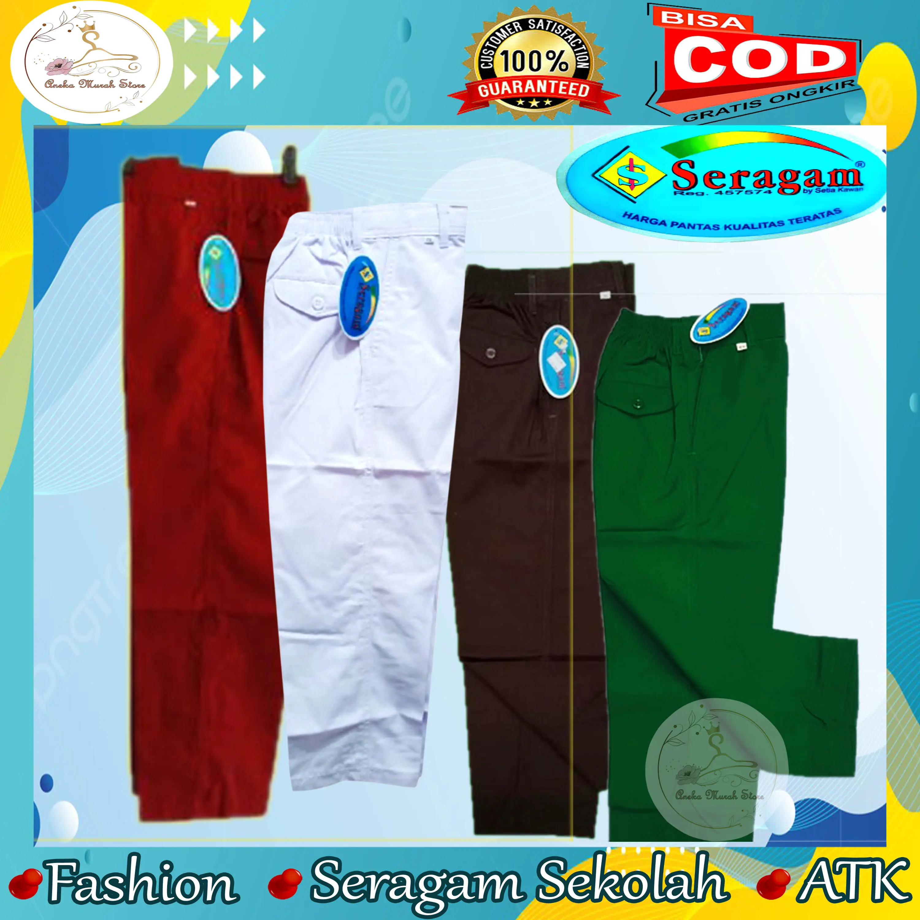 Celana Panjang Karet SD merah , Putih , Coklat , Hitam , Hijau Merek Seragam