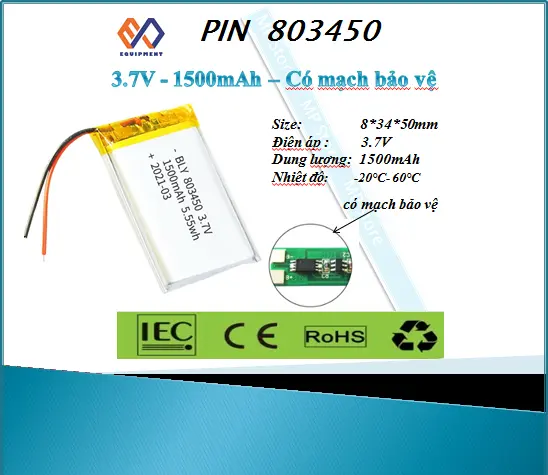 Pin sạc Lithium - Ion 3.7V 803450 1500mah (Có mạch bảo vệ)