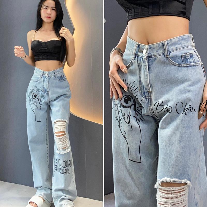 Quần Jean Nữ Ống Rộng Dáng Dài Màu Xanh In Hình Tay BC371
