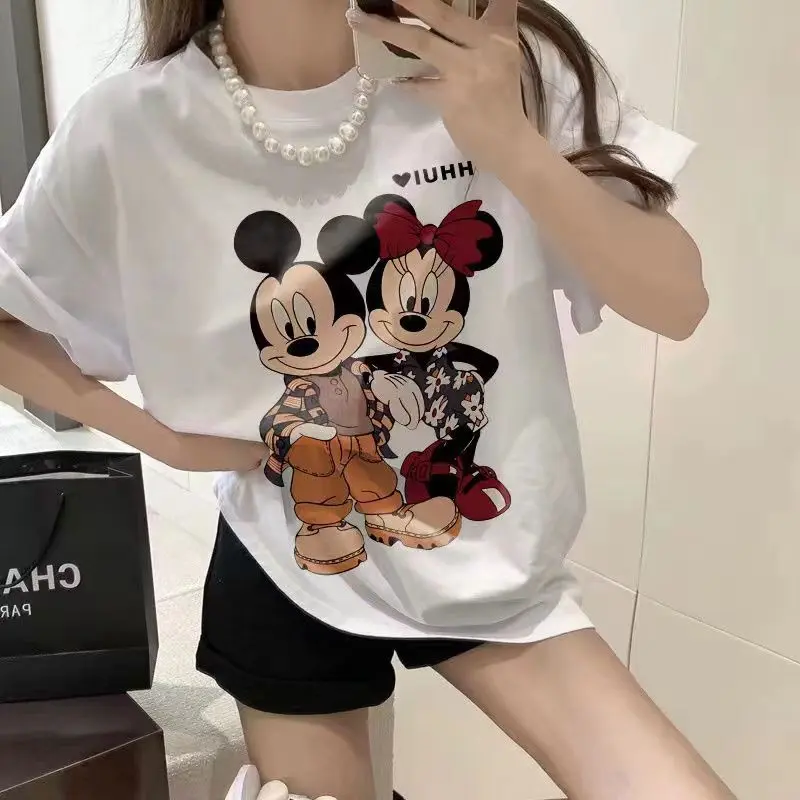 100% Non-Pilling Short-Sleeved T-shirt for Women Summer Korean Style Loose Mickey Mouse Cartoon Print Design Versatile Ins Top