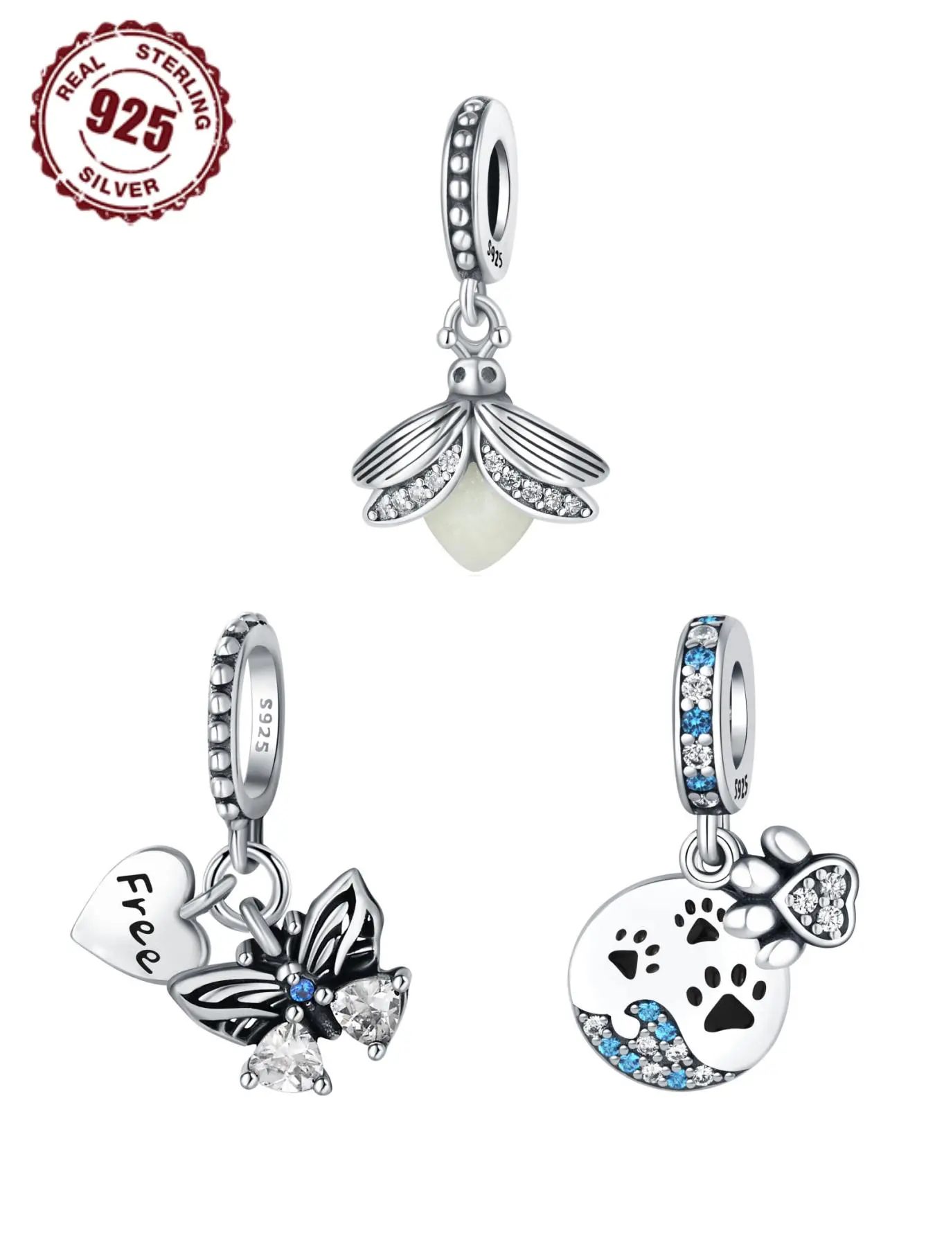 925 Sterling Silver Cute Animal Paw Firefly Butterfly Design Pendant, Fashionable Luminous Charm for Bracelet & Necklace, Trendy All-match & Exquisite Jewelry for Birthday Gift
