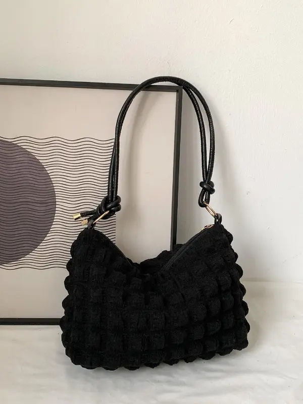 Textured Knot Design Tote Bag for Women, Work Bag, Fashion Plush Underarm Handbag, Casual Quilted Shoulder Purse for Work & Daily Used 0
